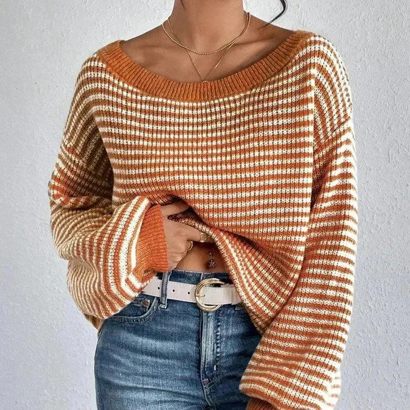 Orange Casual Women's Contrast Striped Print Off-Shoulder Long Sleeve Sweater - Picture 4 of 7